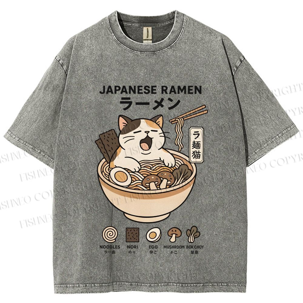 Unisex Ramen Cat Printed Washed Tee