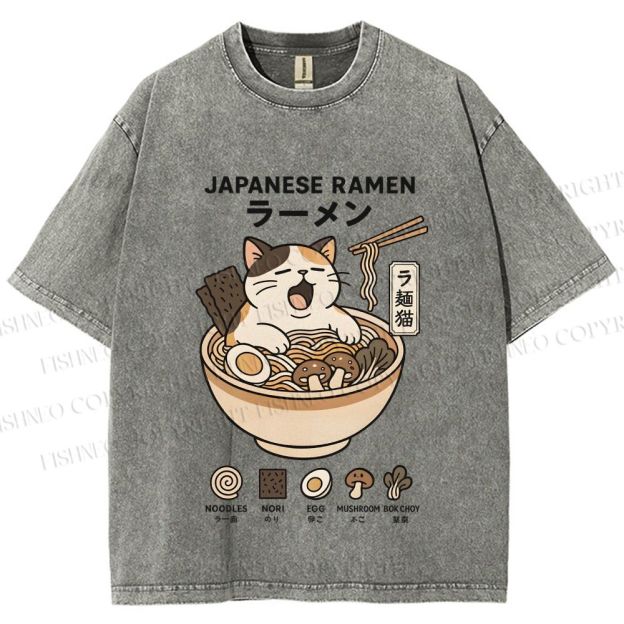 Unisex Ramen Cat Printed Washed Tee