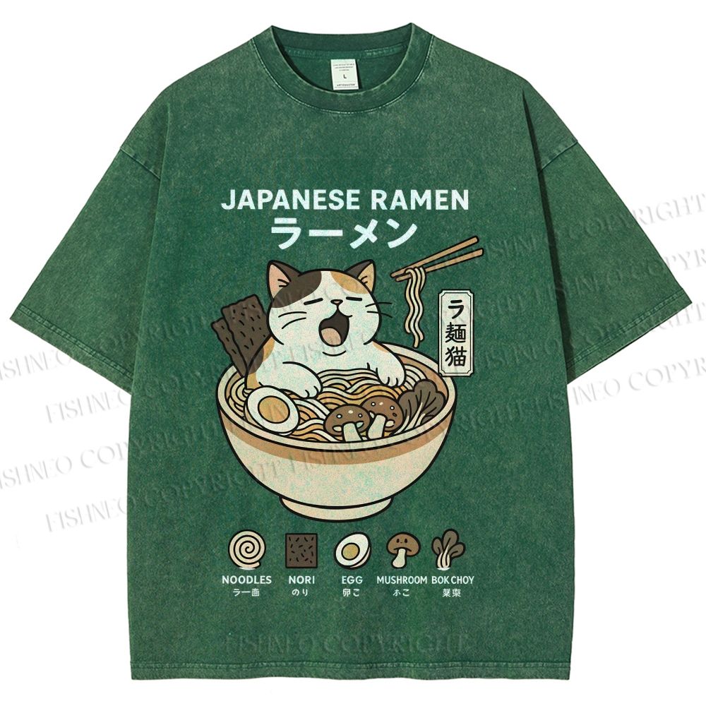 Unisex Ramen Cat Printed Washed Tee