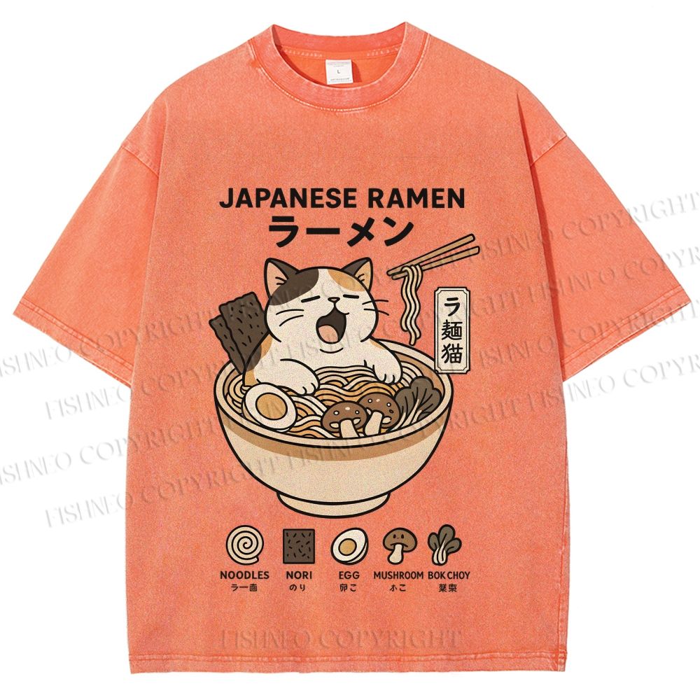 Unisex Ramen Cat Printed Washed Tee