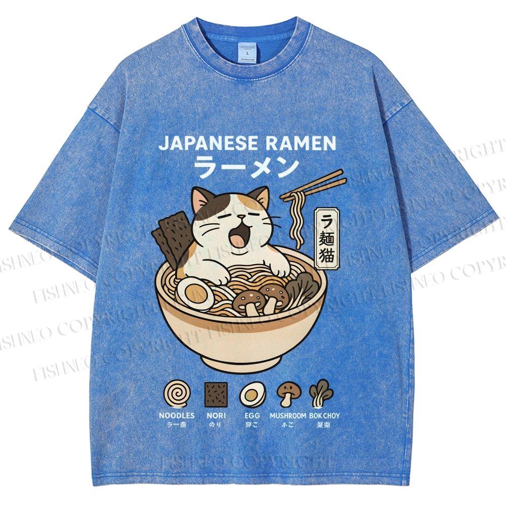 Unisex Ramen Cat Printed Washed Tee