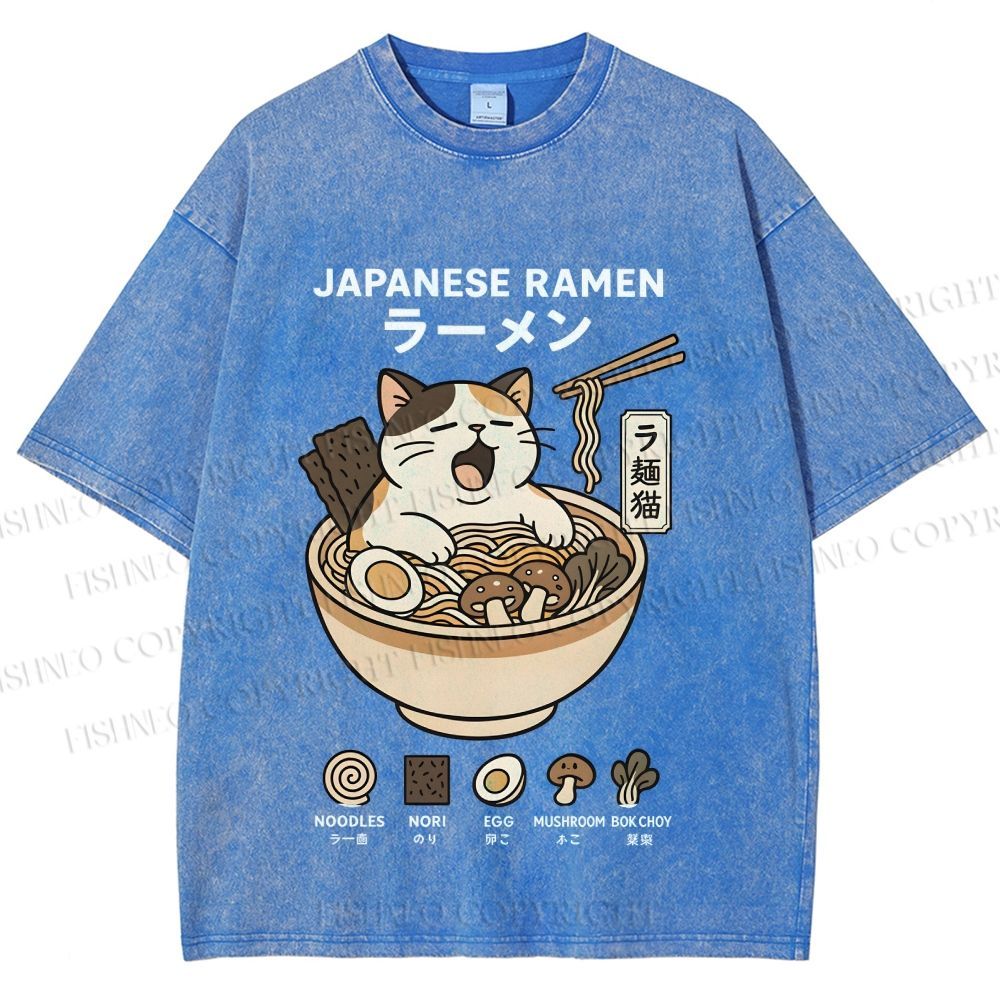 Unisex Ramen Cat Printed Washed Tee