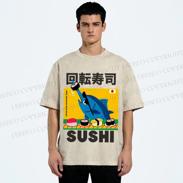 Unisex Kaiten Sushi Printed Washed Tee