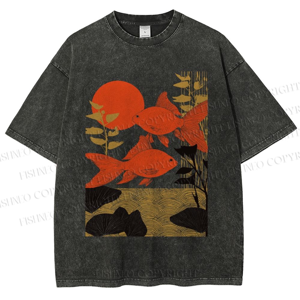 Unisex Vintage Koi Fish Printed Washed Tee