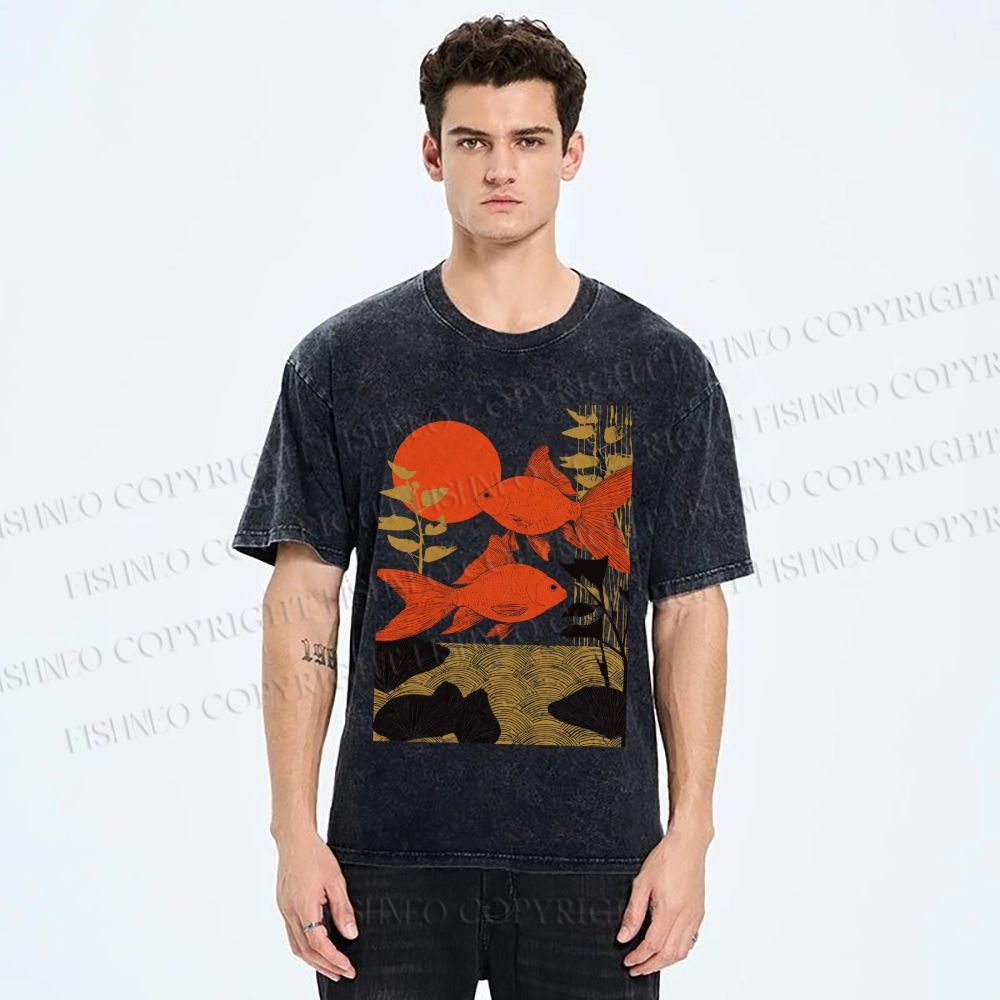 Unisex Vintage Koi Fish Printed Washed Tee