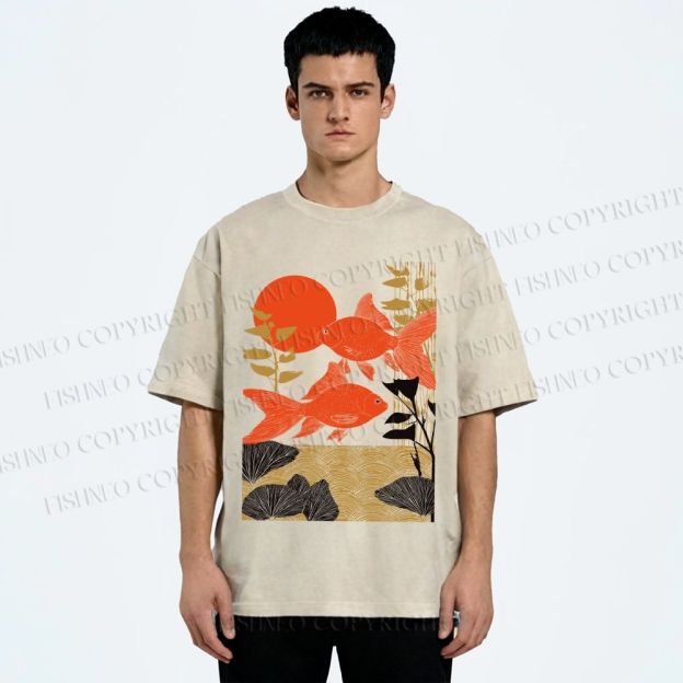Unisex Vintage Koi Fish Printed Washed Tee