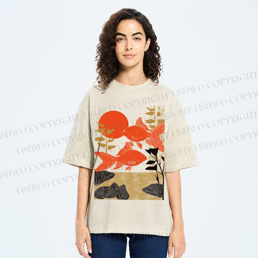 Unisex Vintage Koi Fish Printed Washed Tee