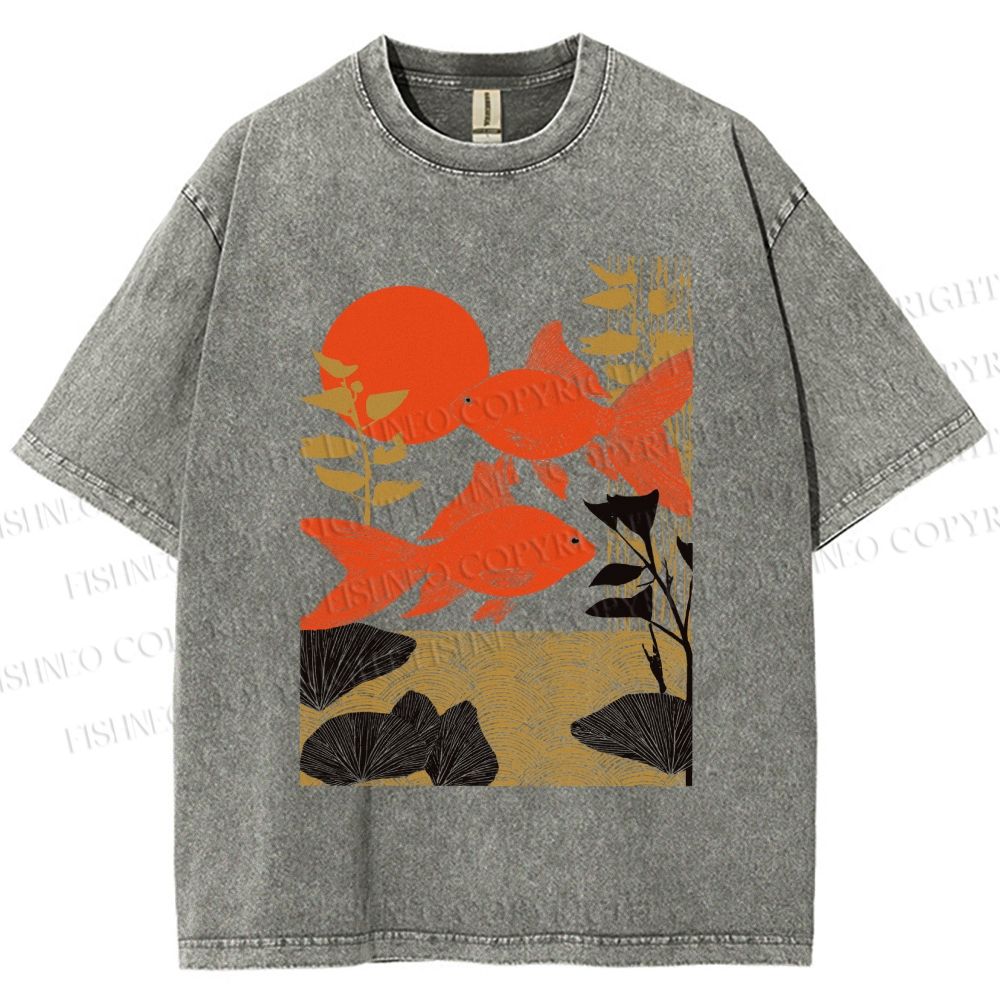 Unisex Vintage Koi Fish Printed Washed Tee