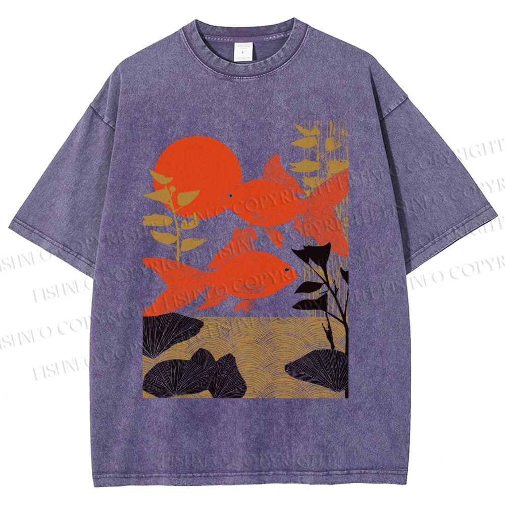 Unisex Vintage Koi Fish Printed Washed Tee