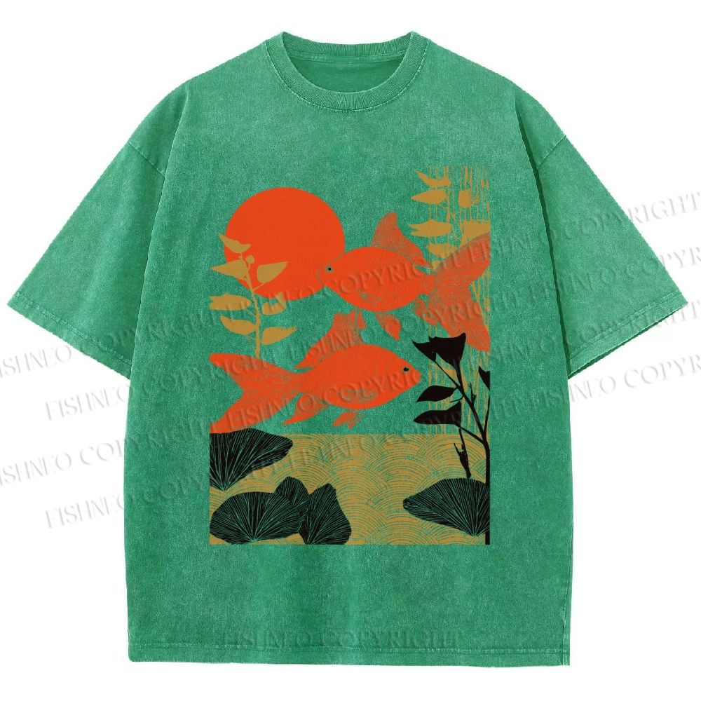 Unisex Vintage Koi Fish Printed Washed Tee