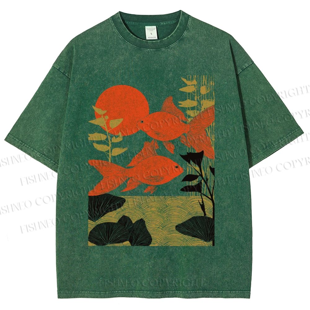 Unisex Vintage Koi Fish Printed Washed Tee