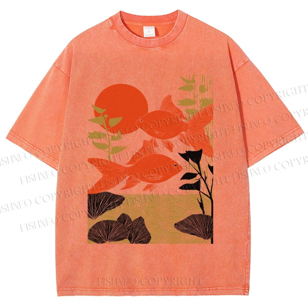 Unisex Vintage Koi Fish Printed Washed Tee