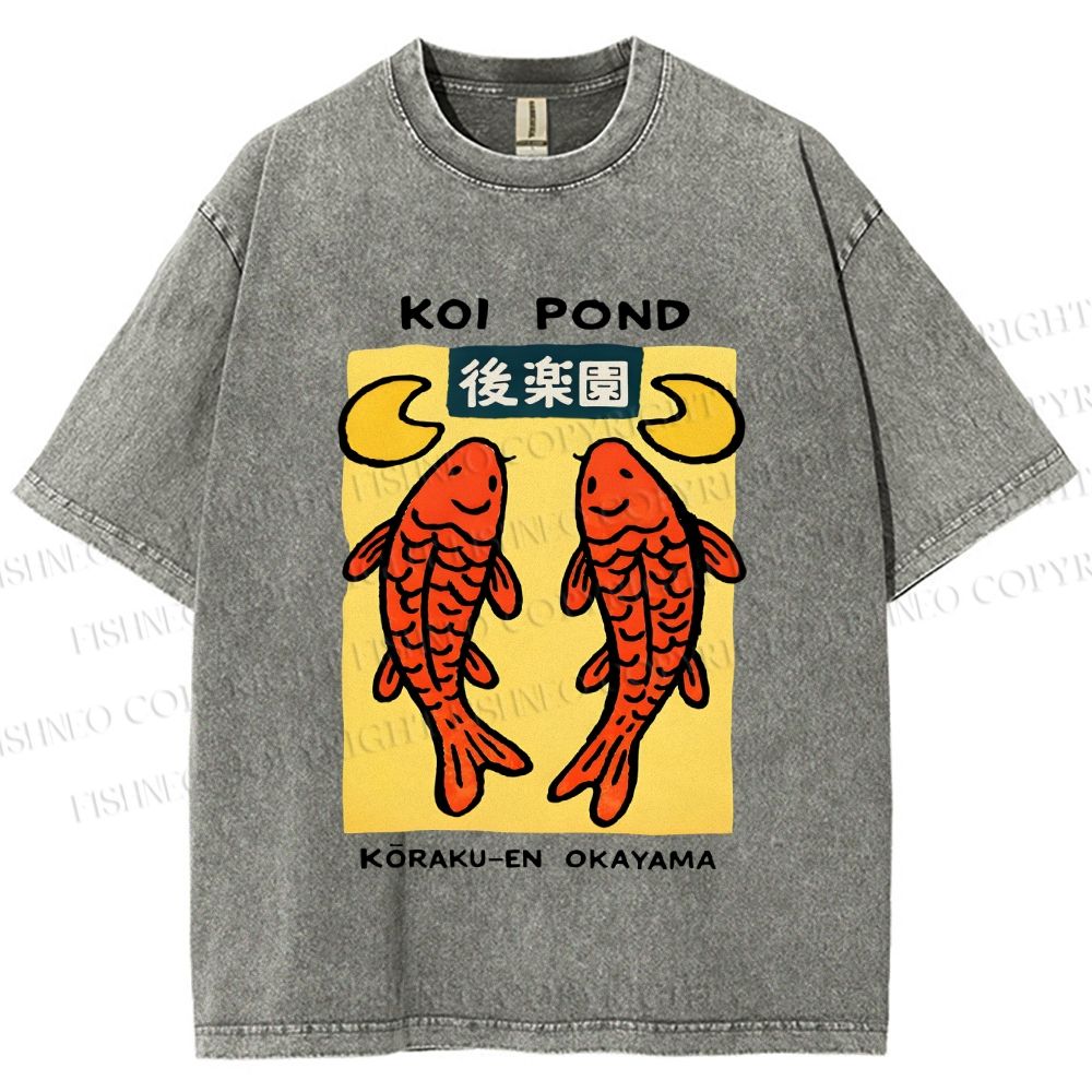 Unisex Koi Fish Pond Printed Washed Tee