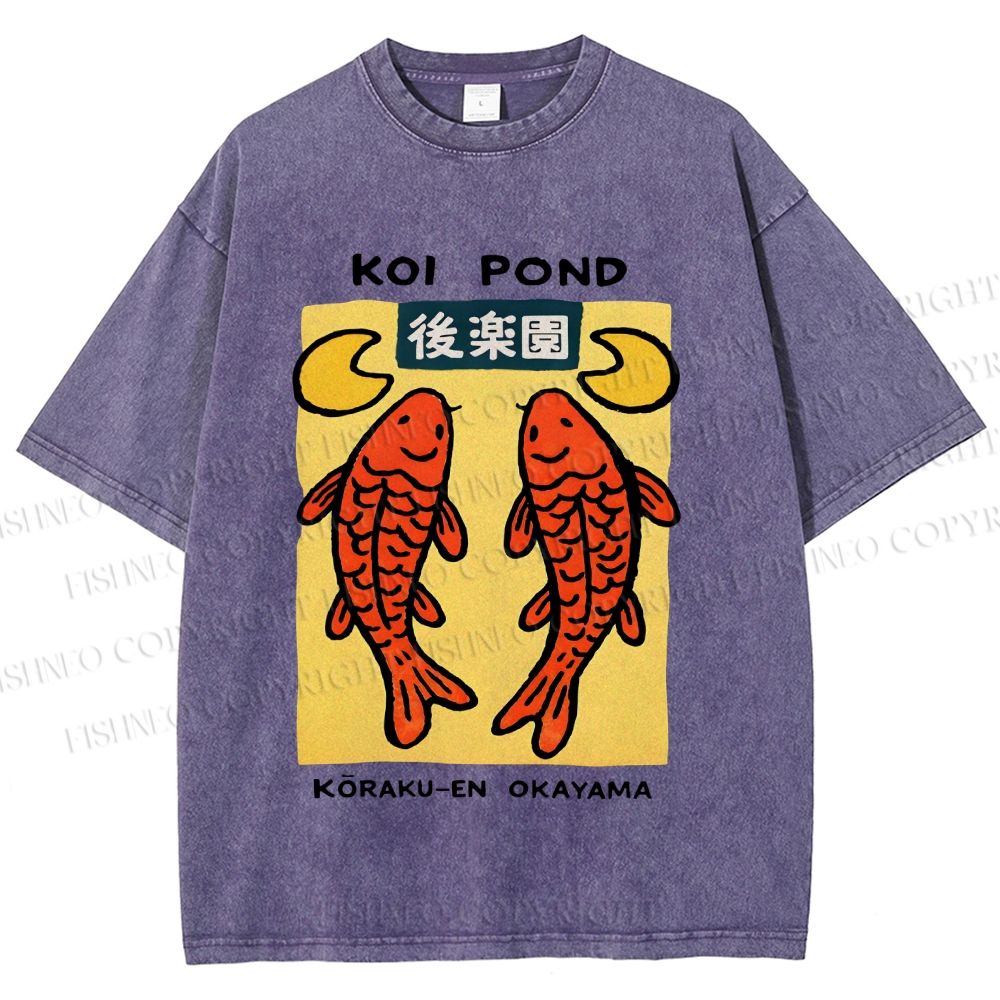 Unisex Koi Fish Pond Printed Washed Tee