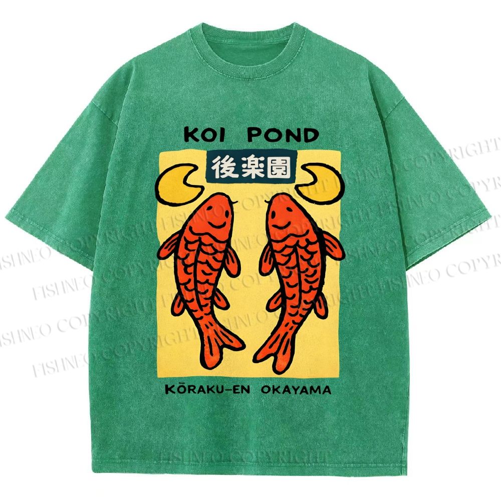 Unisex Koi Fish Pond Printed Washed Tee