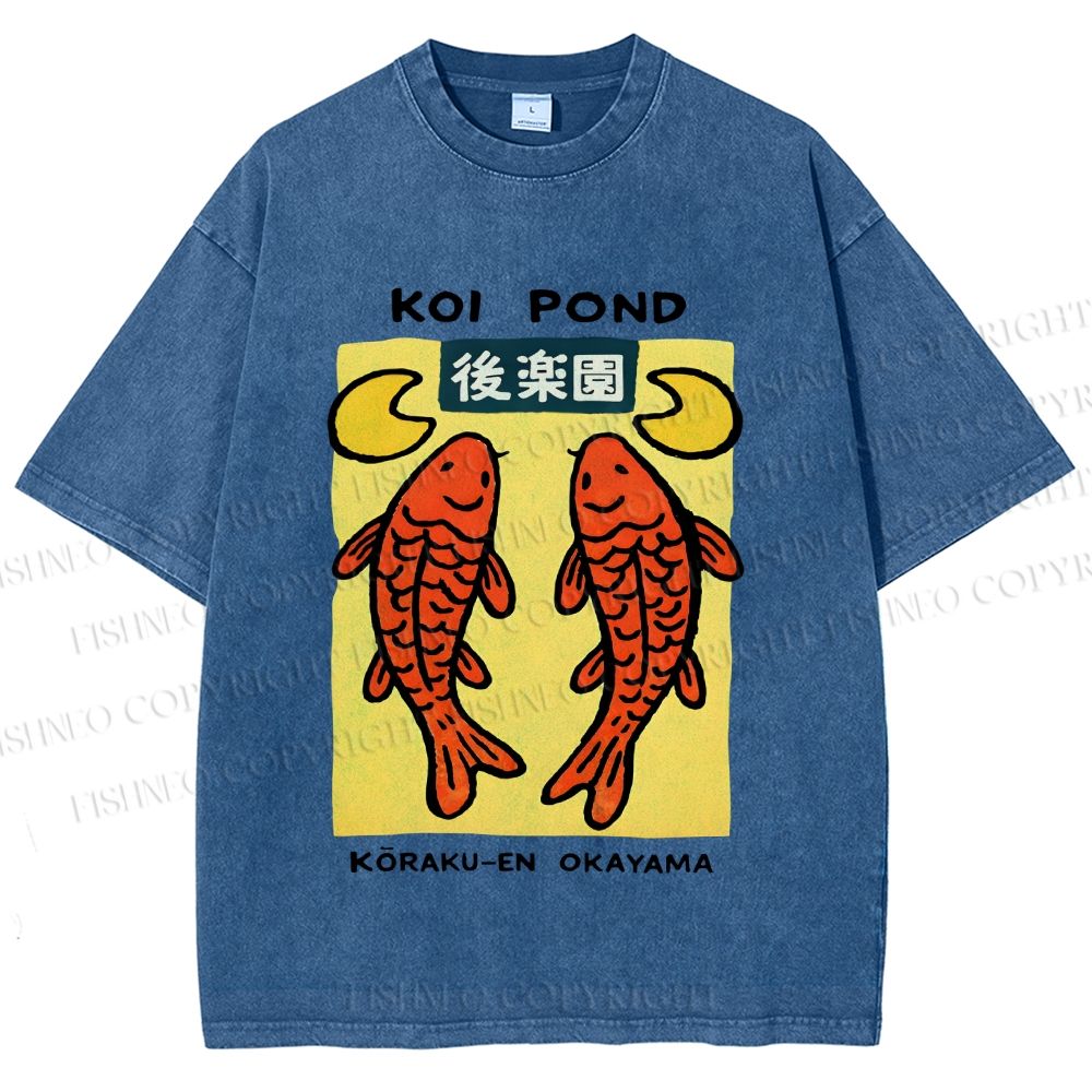 Unisex Koi Fish Pond Printed Washed Tee