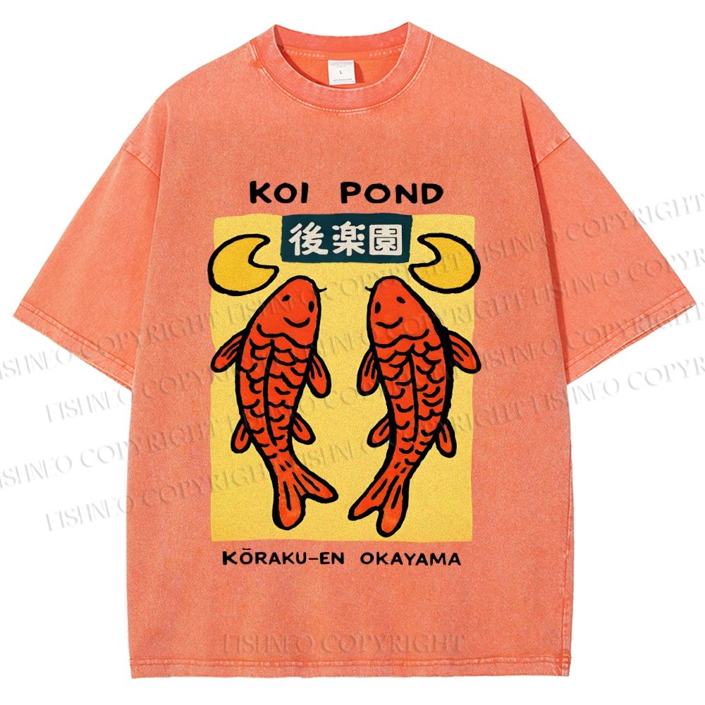 Unisex Koi Fish Pond Printed Washed Tee
