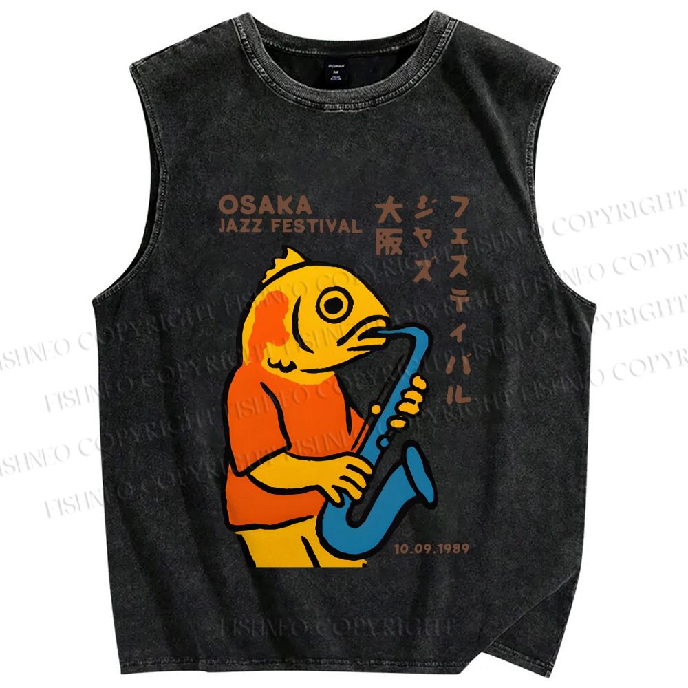Unisex Osaka Fish Band Printed Washed Tank Top
