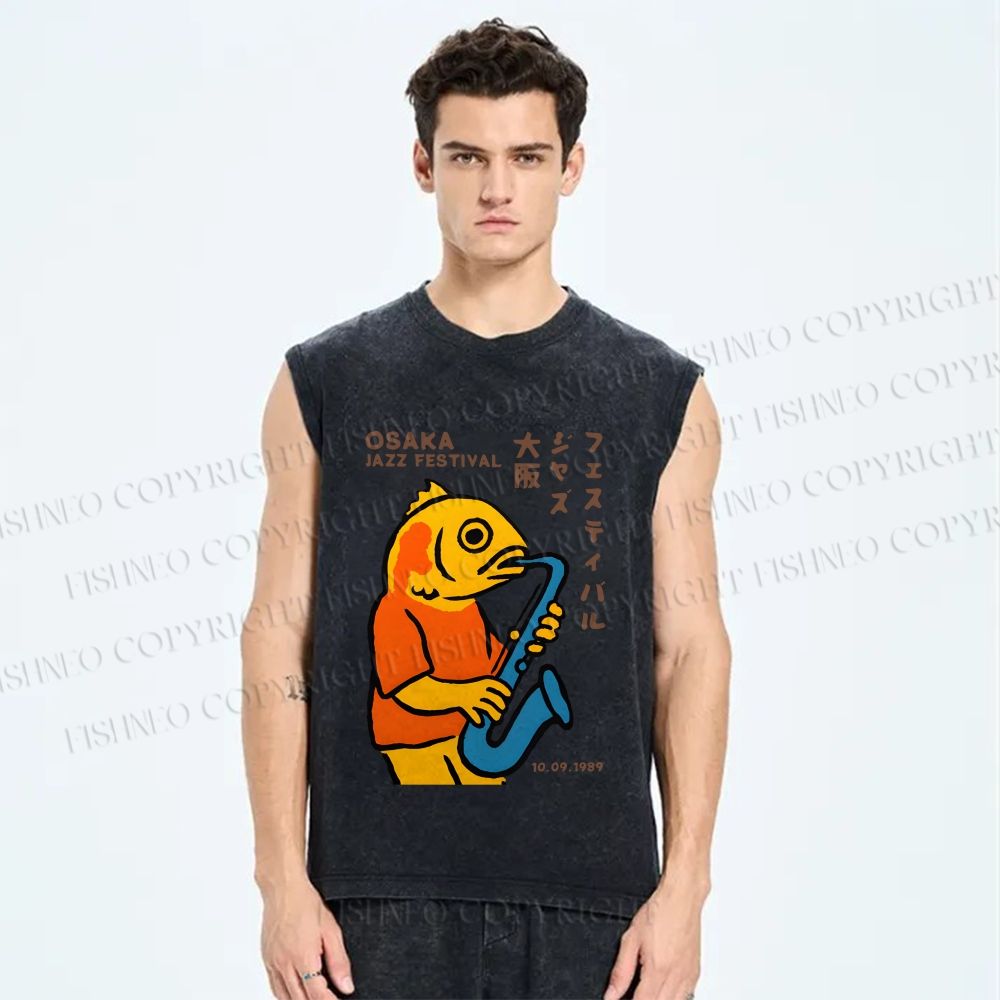 Unisex Osaka Fish Band Printed Washed Tank Top