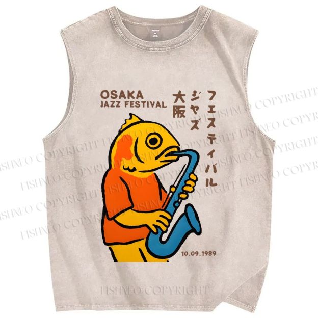 Unisex Osaka Fish Band Printed Washed Tank Top