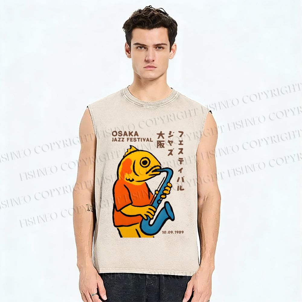 Unisex Osaka Fish Band Printed Washed Tank Top