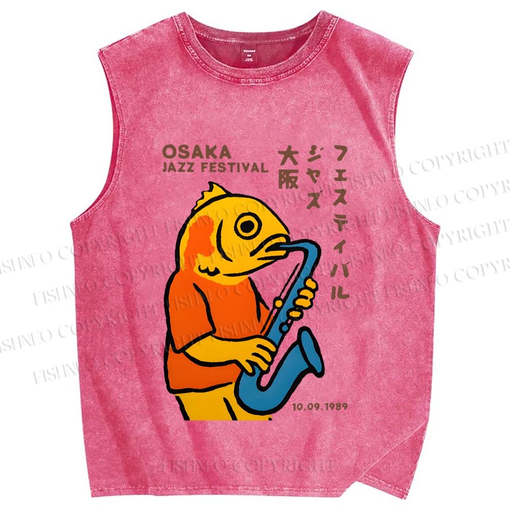 Unisex Osaka Fish Band Printed Washed Tank Top