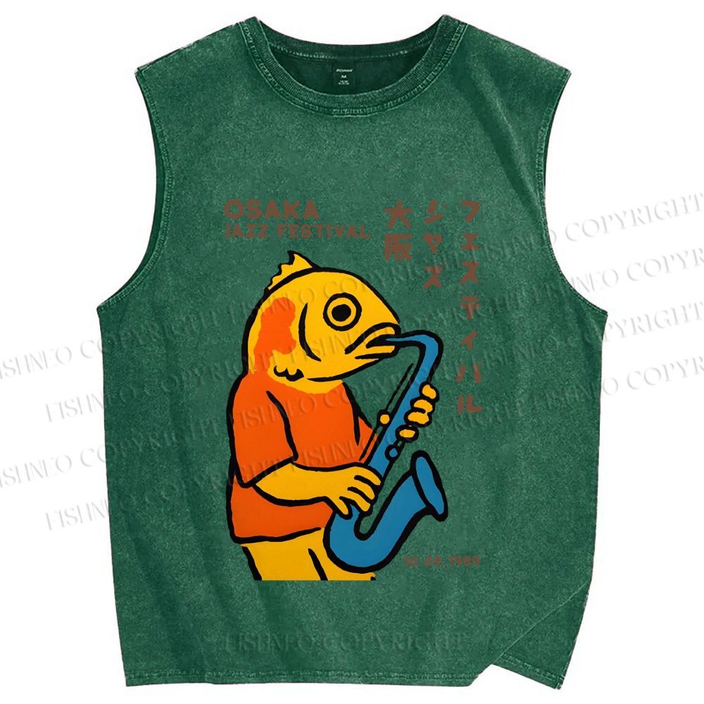 Unisex Osaka Fish Band Printed Washed Tank Top