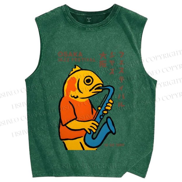 Unisex Osaka Fish Band Printed Washed Tank Top