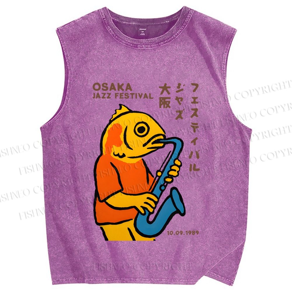 Unisex Osaka Fish Band Printed Washed Tank Top