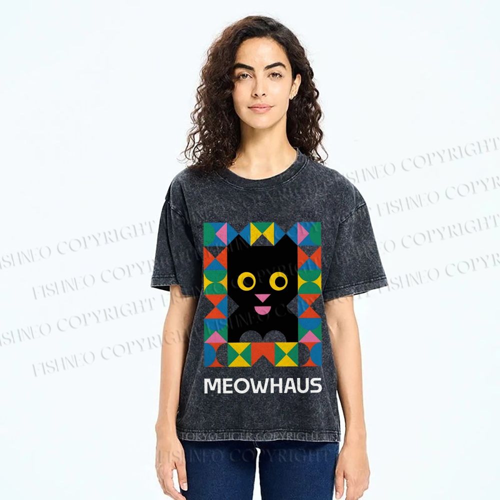 Unisex Meowhouse Color Geometry Printed Washed Tee