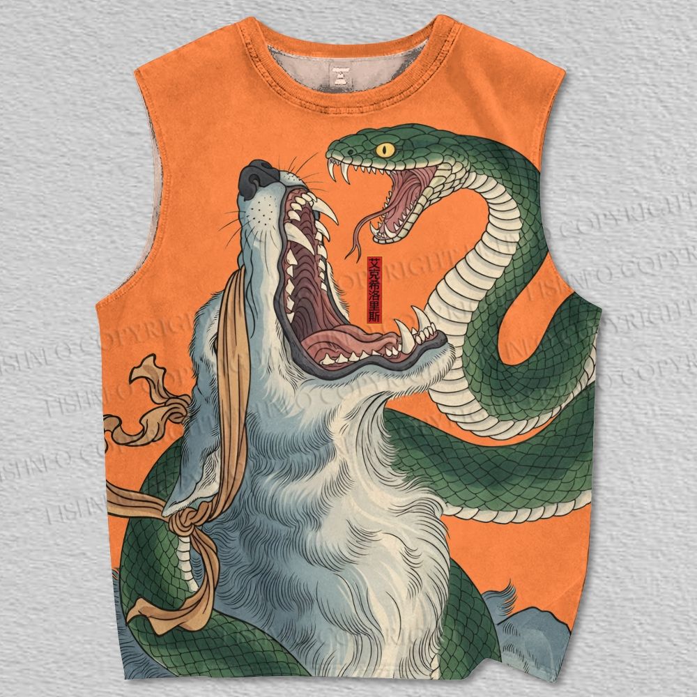 Unisex Japanese Vintage Wolf And Snake Printed Tank Top