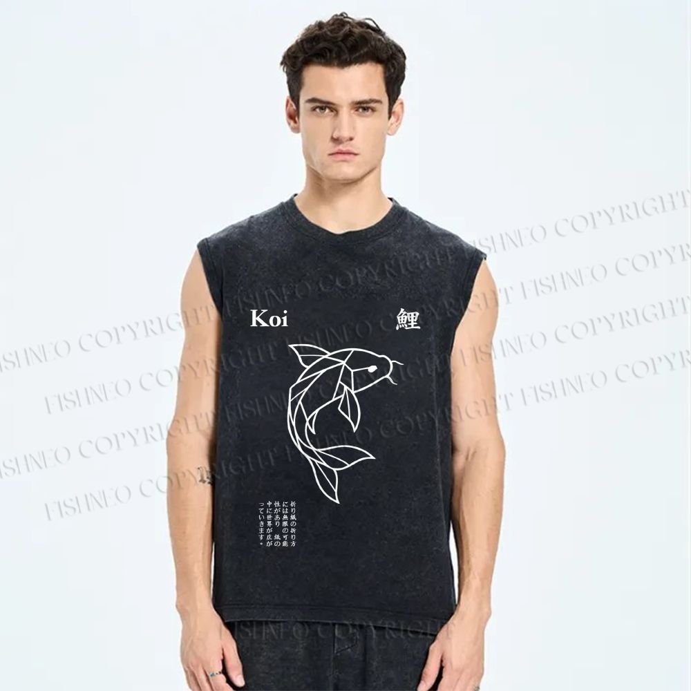 Unisex Koi Fish Printed Washed Tank Top