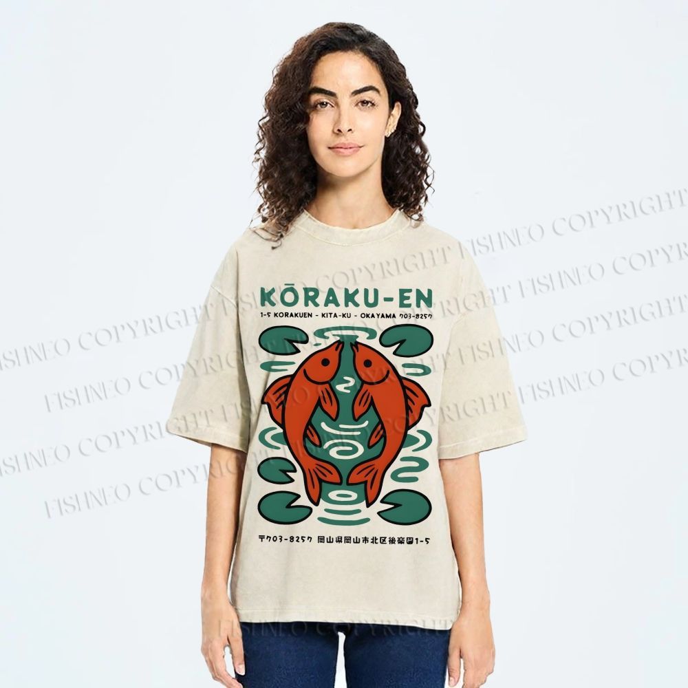 Unisex Korakuen Garden Fish Printed Washed Tee
