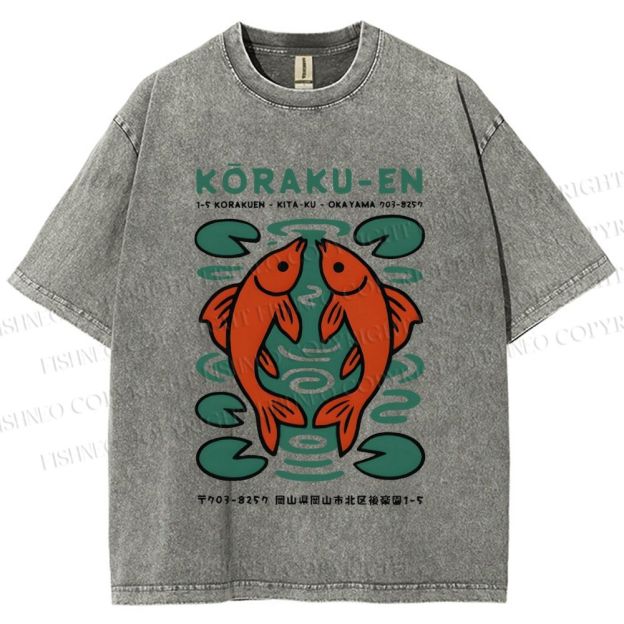 Unisex Korakuen Garden Fish Printed Washed Tee