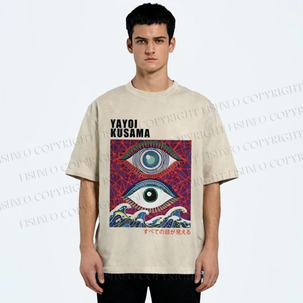 Unisex Yayoi Kusama Wave Eyes Printed Washed Tee