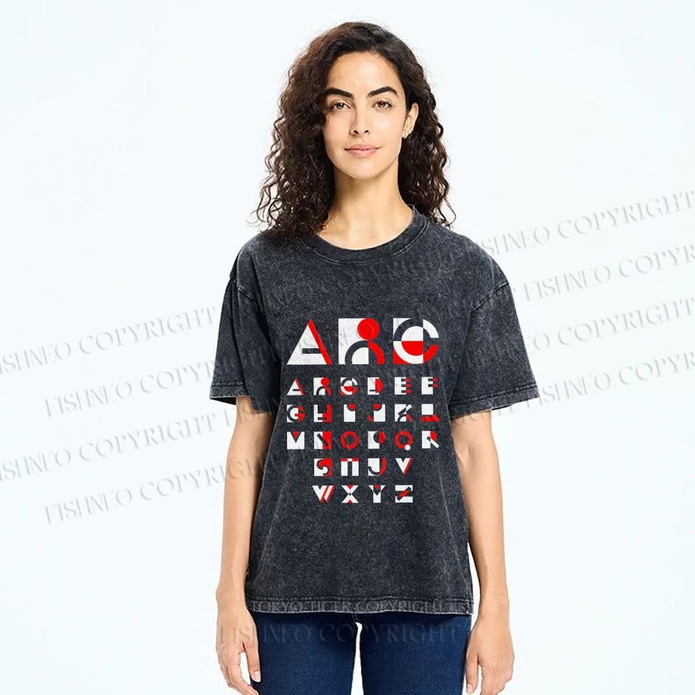Unisex Bauhaus Abstract Alphabet Font Printed Washed Tee