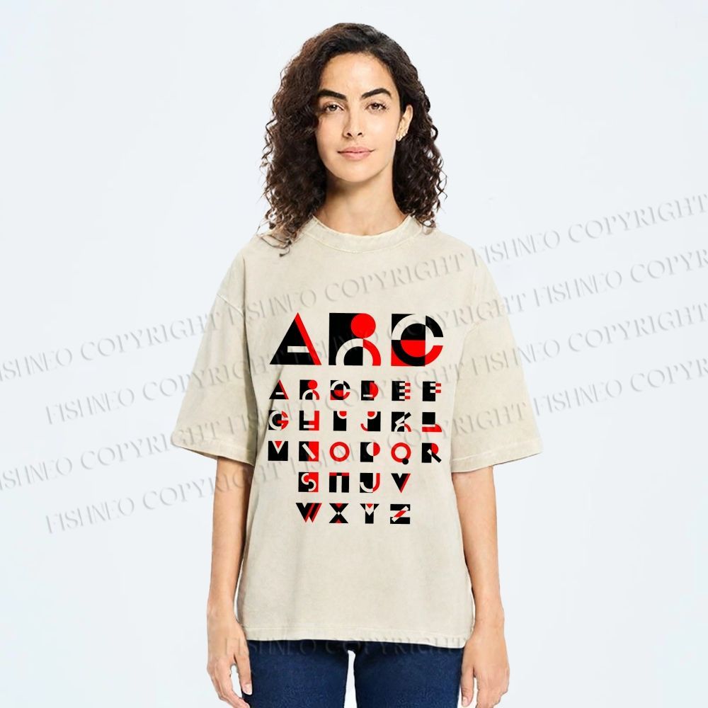 Unisex Bauhaus Abstract Alphabet Font Printed Washed Tee