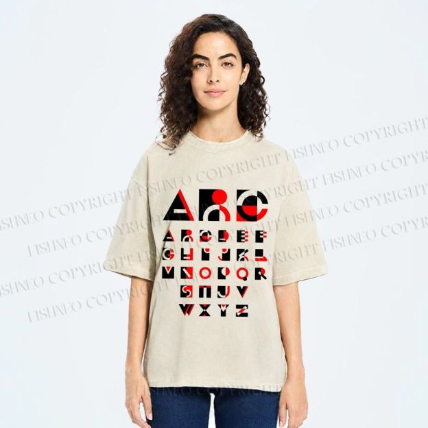 Unisex Bauhaus Abstract Alphabet Font Printed Washed Tee