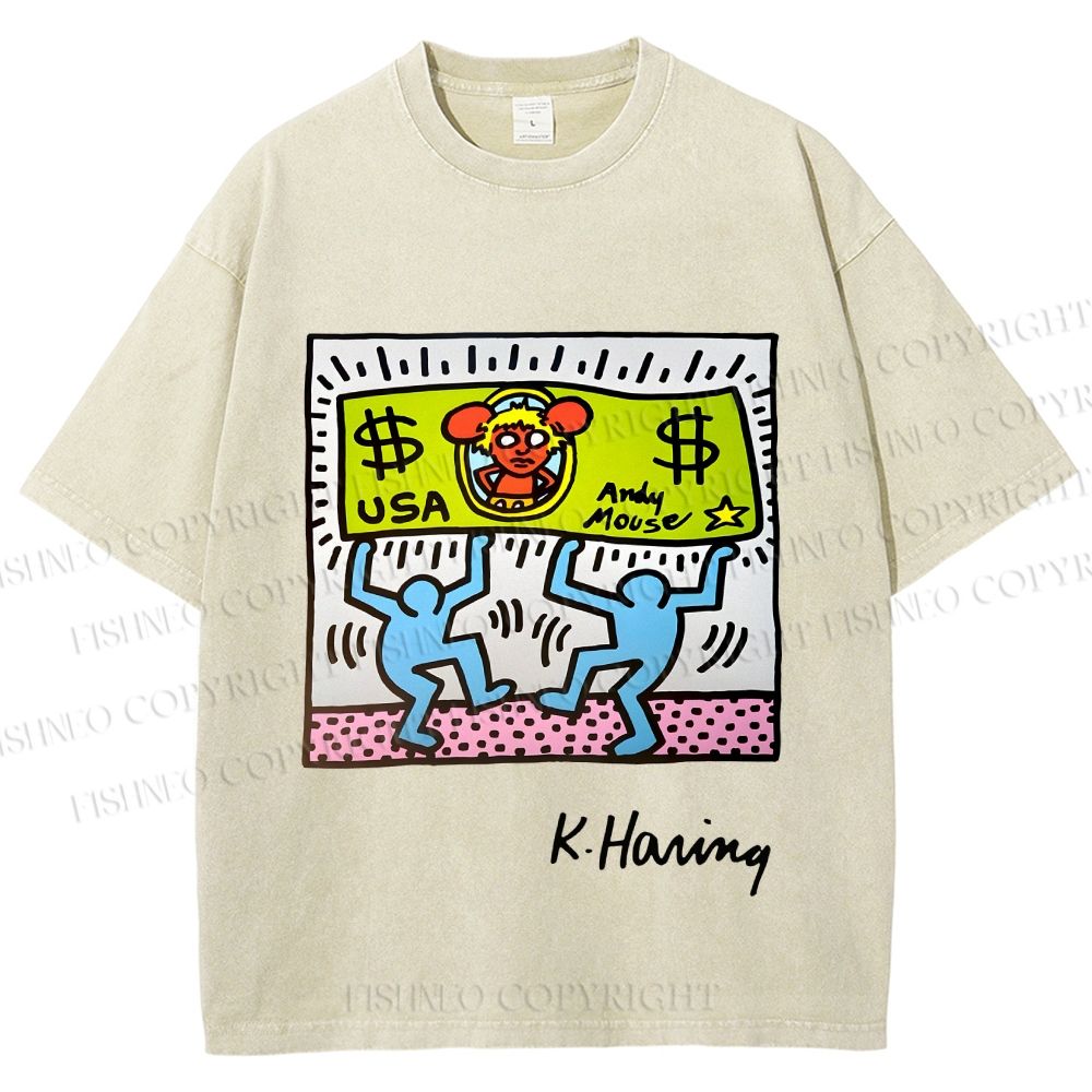 Unisex Keith Haring Andy Mouse Printed Washed Tee