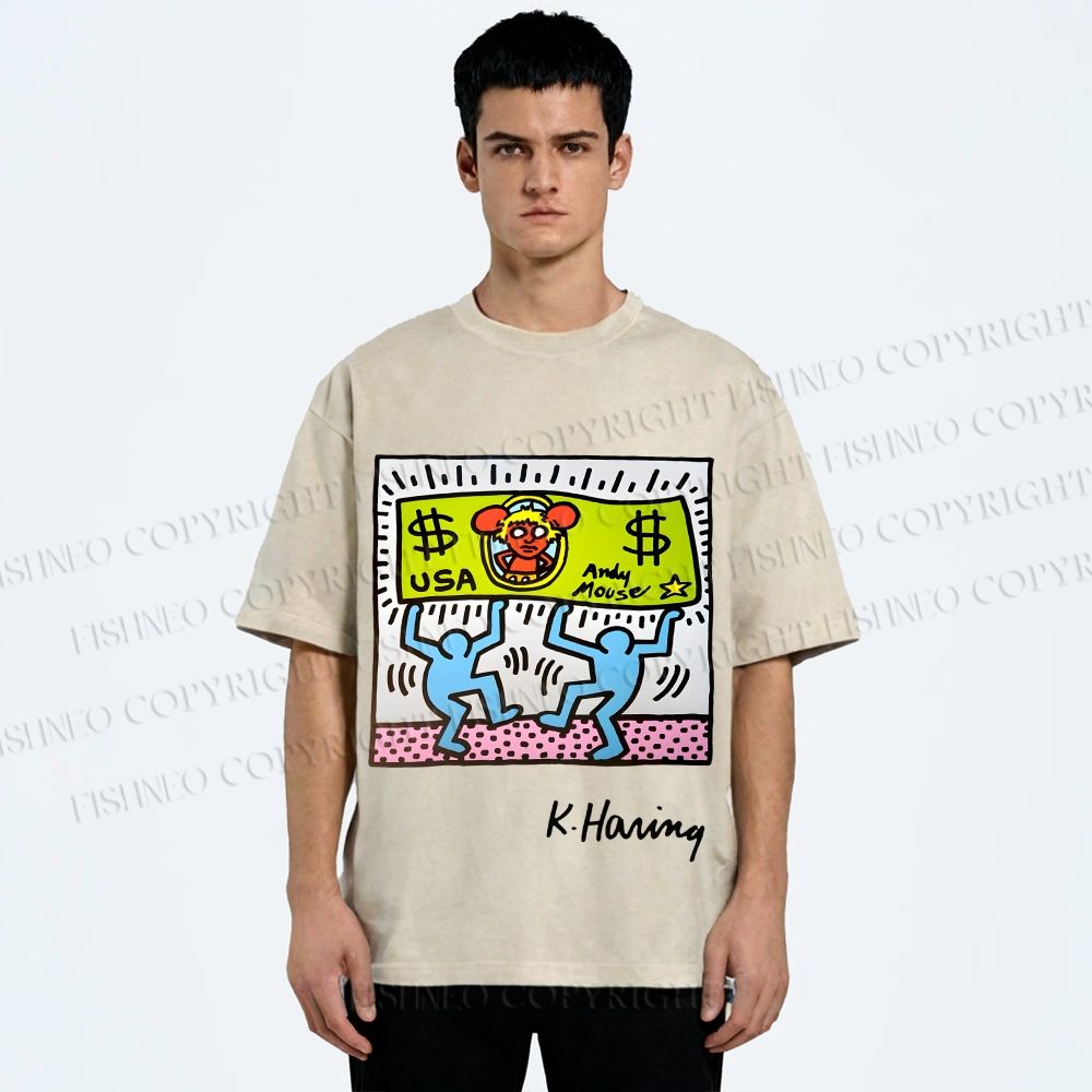 Unisex Keith Haring Andy Mouse Printed Washed Tee