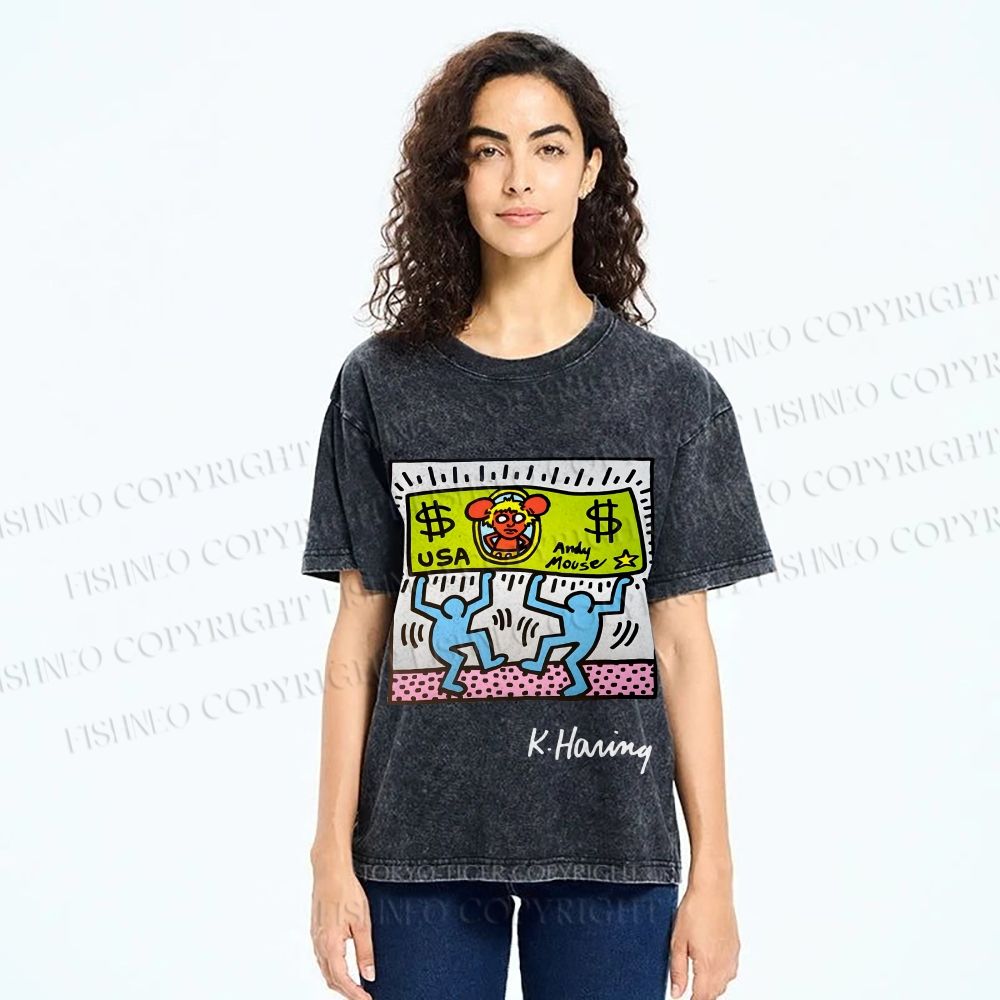 Unisex Keith Haring Andy Mouse Printed Washed Tee