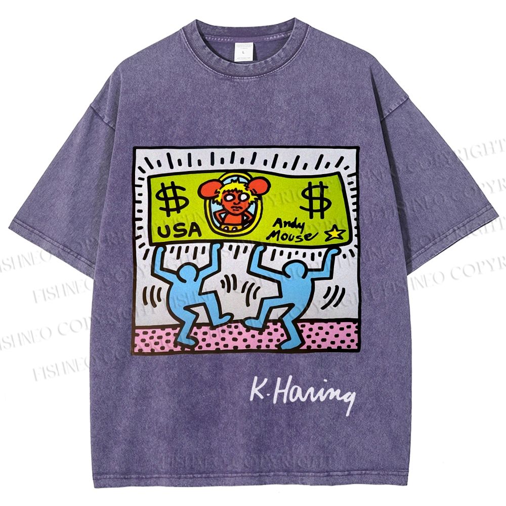 Unisex Keith Haring Andy Mouse Printed Washed Tee