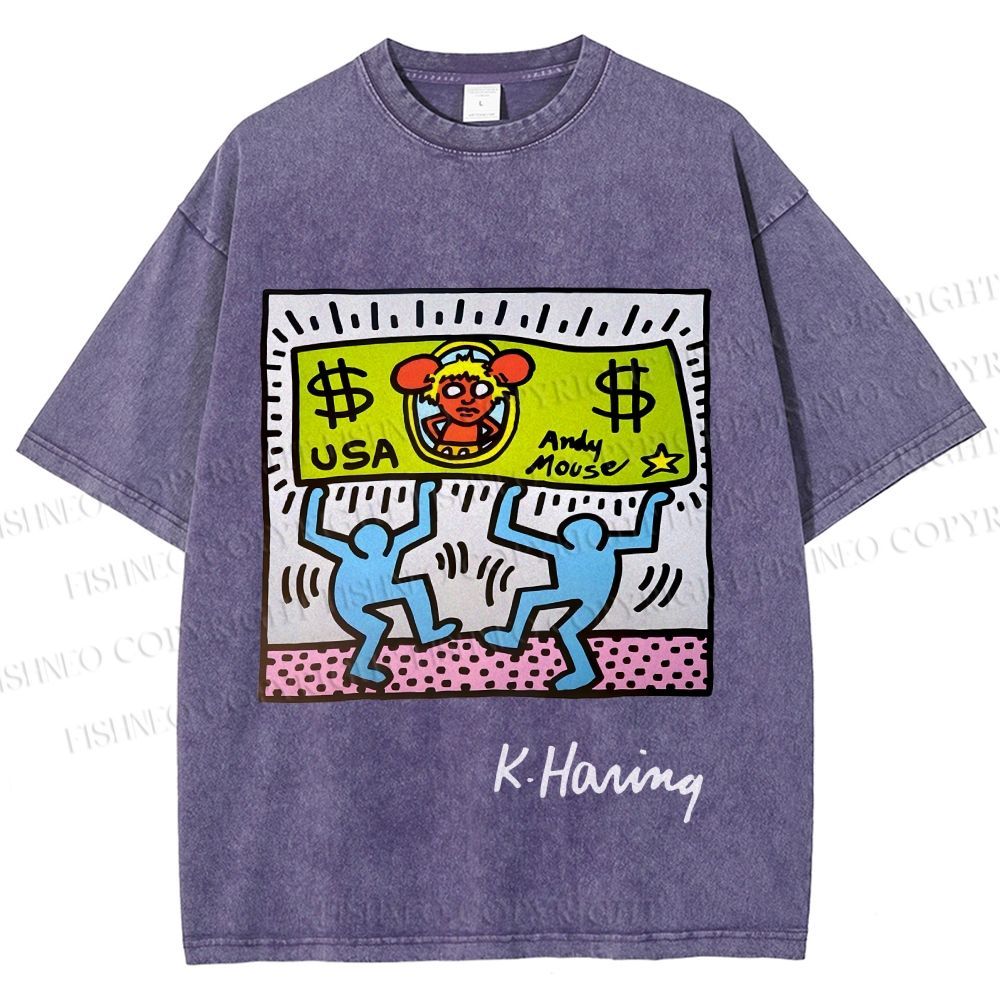Unisex Keith Haring Andy Mouse Printed Washed Tee