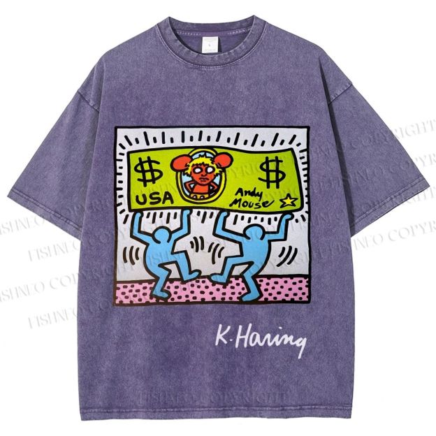 Unisex Keith Haring Andy Mouse Printed Washed Tee
