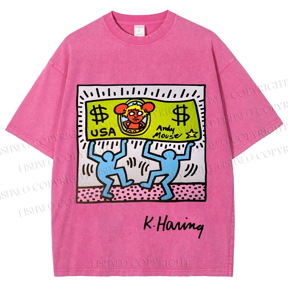 Unisex Keith Haring Andy Mouse Printed Washed Tee