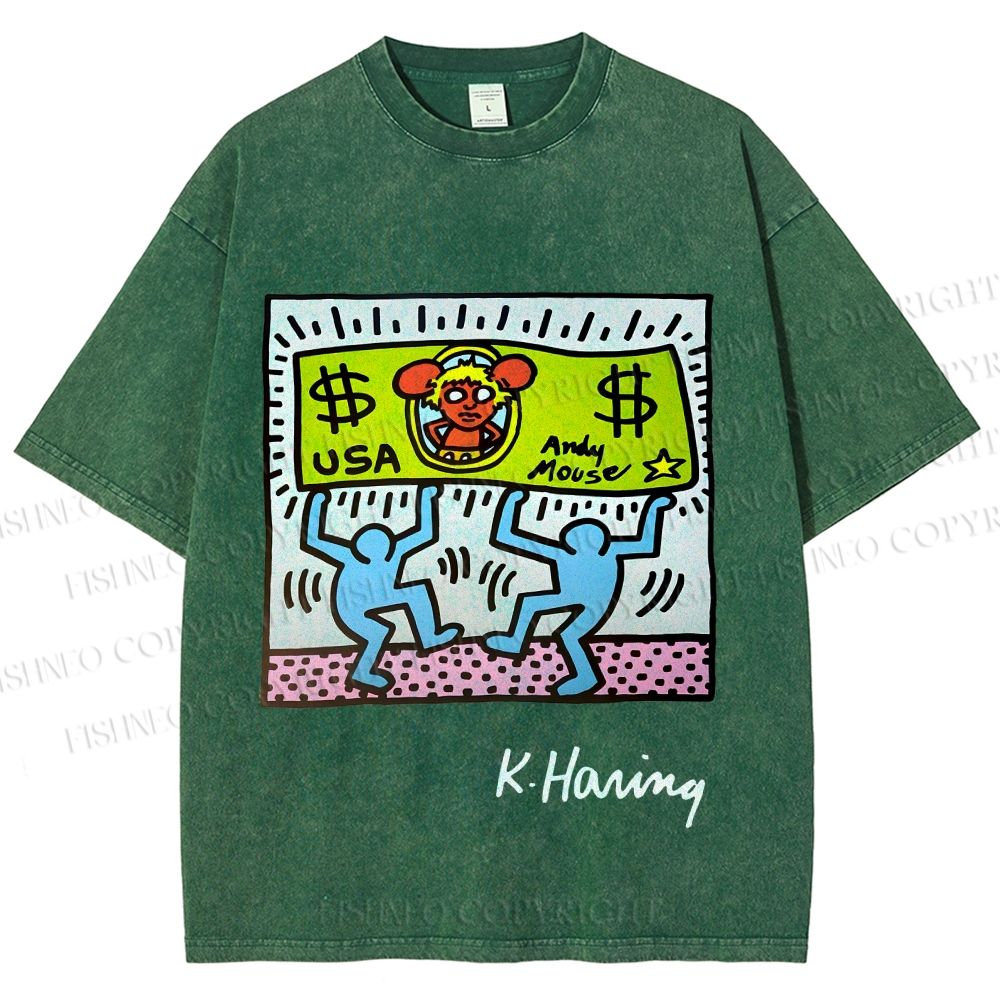 Unisex Keith Haring Andy Mouse Printed Washed Tee