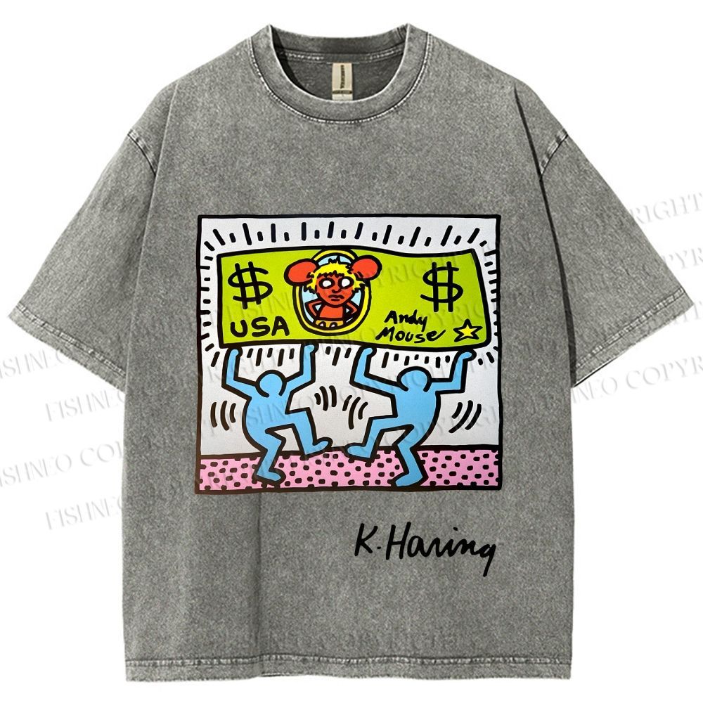 Unisex Keith Haring Andy Mouse Printed Washed Tee