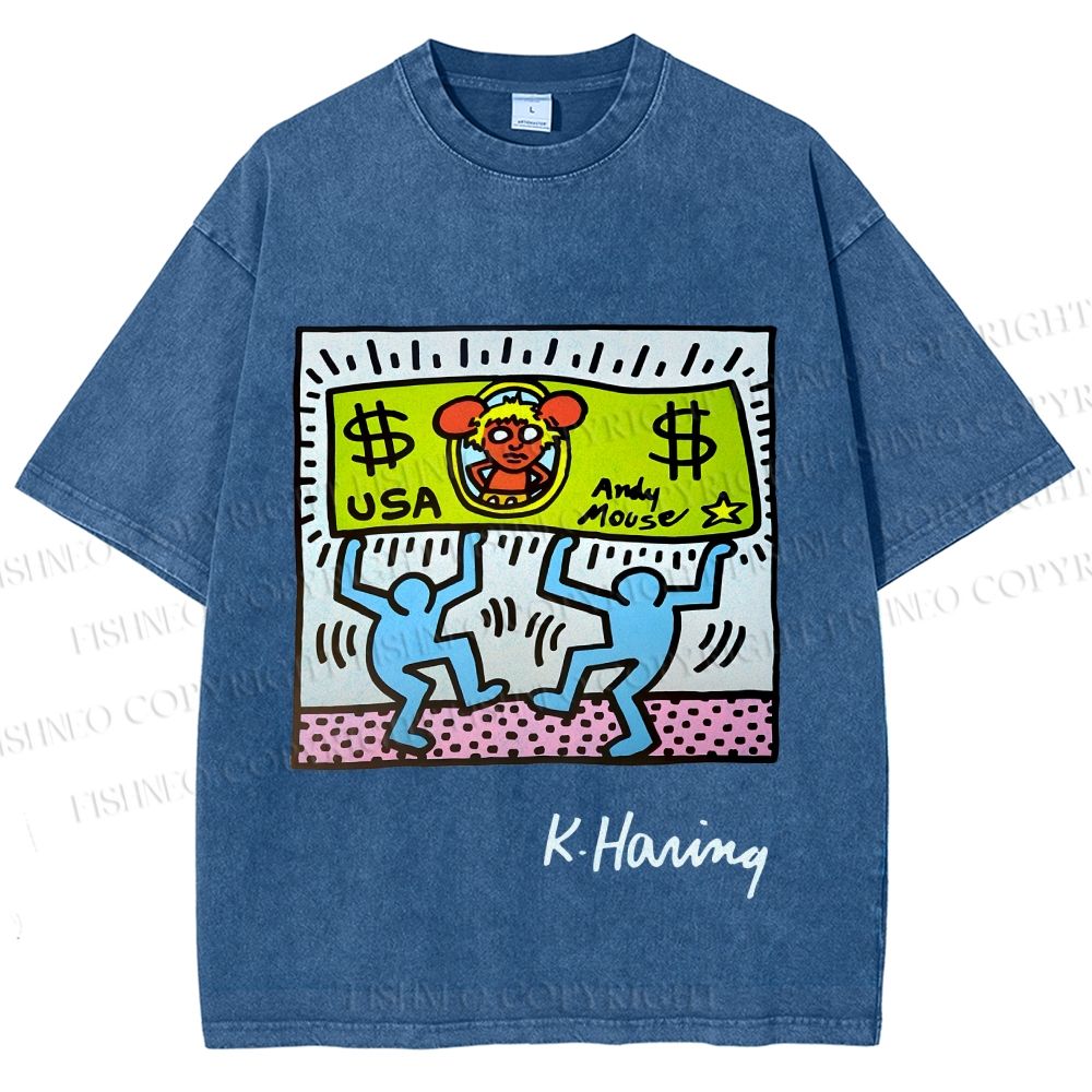 Unisex Keith Haring Andy Mouse Printed Washed Tee