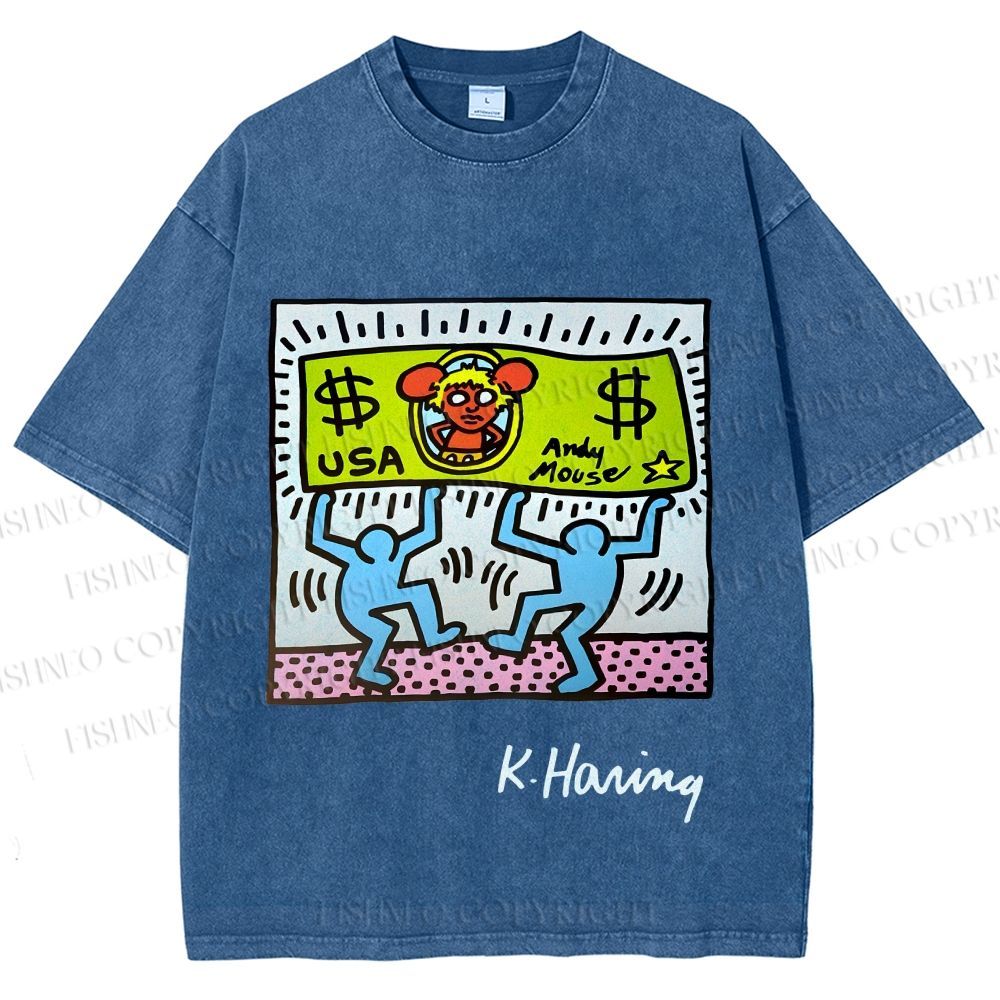 Unisex Keith Haring Andy Mouse Printed Washed Tee