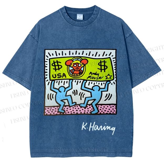 Unisex Keith Haring Andy Mouse Printed Washed Tee